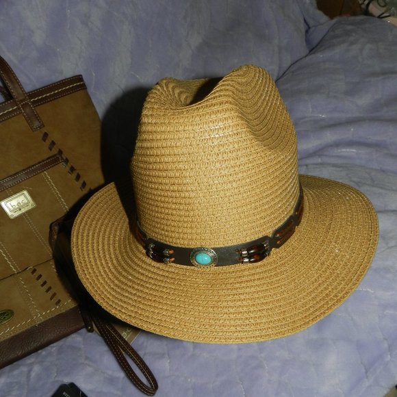 Lulla Collection Wide Brim Woven Straw Hat Beaded Turquoise Band NWT/NEW! - Picture 6 of 14